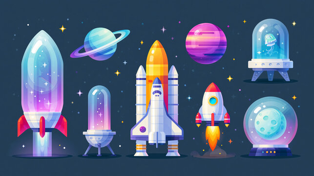 Colorful cartoon rockets and planets in outer space theme for kids' designs.