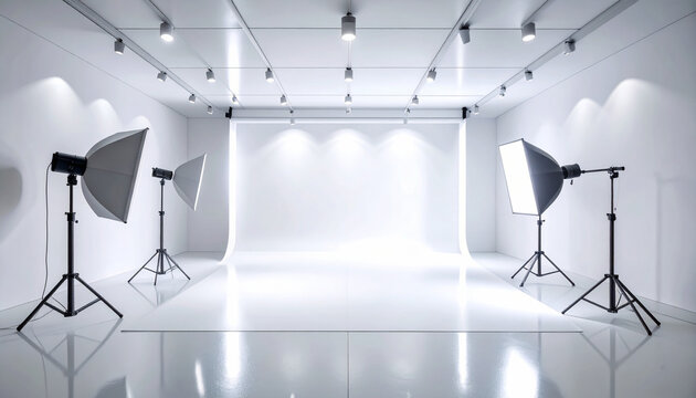 A pristine white photo studio stands empty, bathed in bright professional lighting with softboxes on stands. Nobody is here, evoking endless creative possibilities for photography.