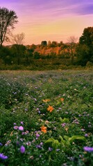 Naklejka premium Serene meadow at sunset with wildflowers and trees.