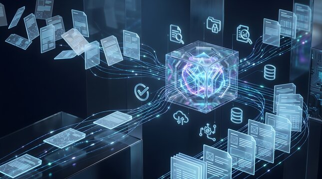 Digital data flow with glowing cube and documents