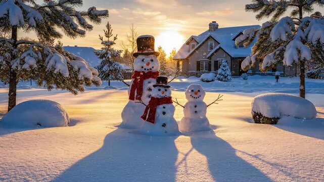 Happy snowman family in snowy yard at sunset. Perfect for Christmas, winter, and family celebration concepts