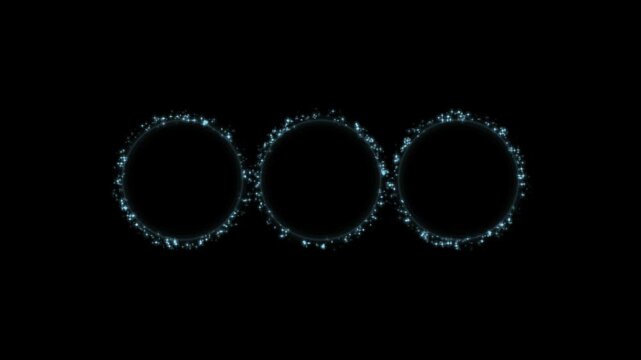 Seamless loop of three aqua blue glitter rings sparkling on a black background