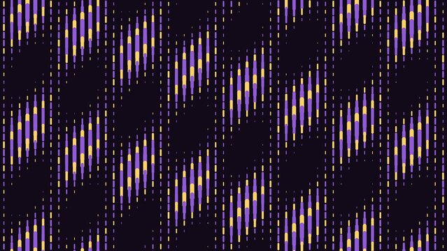 Vertical dash halftone pattern with purple and yellow elongated shapes, rhythmic lines on a dark background, for abstract use