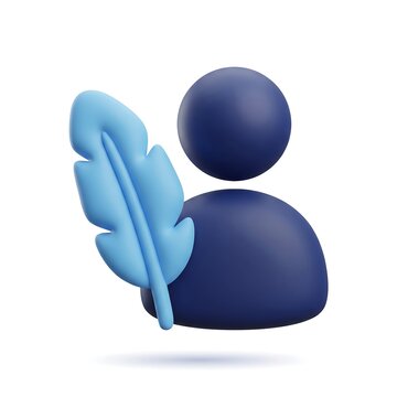 3D Blue user profile avatar icon with a feather quill pen isolated on white background writer profile document