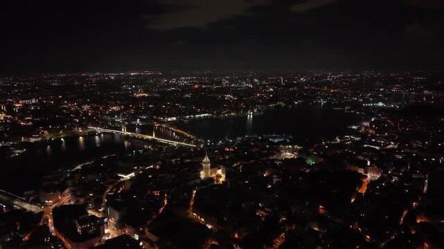 Istanbul Turkey Night Aerial View of Galata Tower Eminonu and Golden Horn