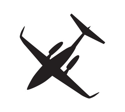 Black silhouette of a modern passenger airplane seen from above, isolated on white background. Vector illustration