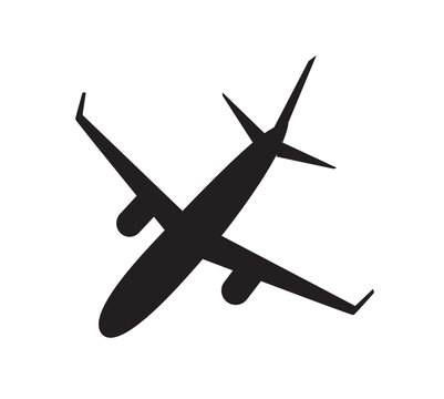 Black silhouette of a passenger jet aircraft viewed from above and isolated on white background. Vector illustration