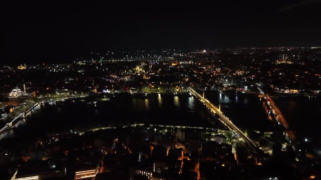 Istanbul Turkey Night Aerial View of Eminonu Suleymaniye Mosque and Golden Horn
