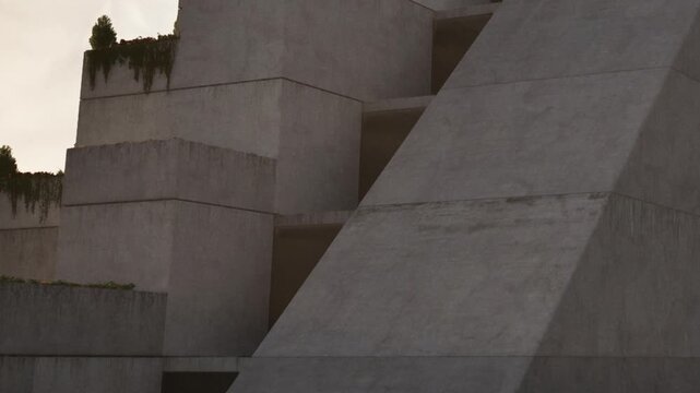 This structure features large concrete blocks arranged in a unique design. The setting is an urban area during the late afternoon. The light casts shadows on the surfaces.