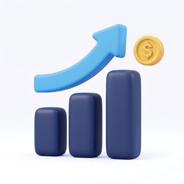 3D business graph with upward trend arrow and financial profit coin icon growth statistics bar chart