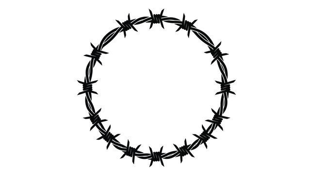 Circular barbed wire arrangement forms a stark black silhouette