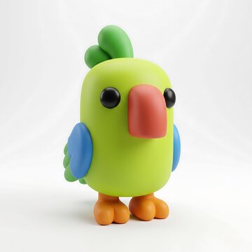 Cute green cartoon parrot bird with orange beak and feet standing isolated bird character 3D parrot