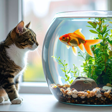 Curiously staring, a tabby cat gazes intently at a vibrant goldfish swimming in its glass bowl. This playful yet tense moment of instinct captures pure animal curiosity. Nobody.