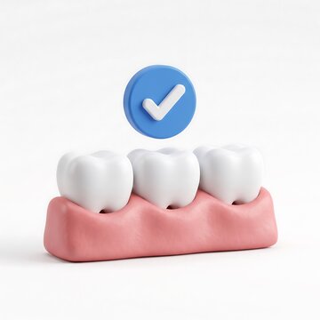 Healthy teeth set with pink gums and blue checkmark approval icon 3D illustration dental care dental health