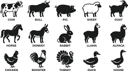 Fototapeta premium Farm Animal and Poultry Silhouette Icon Set with Livestock and Rural Animal Symbols