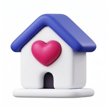 3D Small white house with blue roof and pink heart symbol icon representing love and home concept
