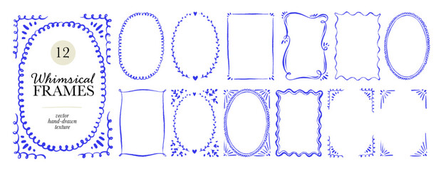 Naklejka premium Whimsical blue doodle frames and border collection. Hand drawn vector decorative Italian or mediterranean frames. Cute whimsical decoration. Scallop, squiggly and wavy wedding invitation borders.