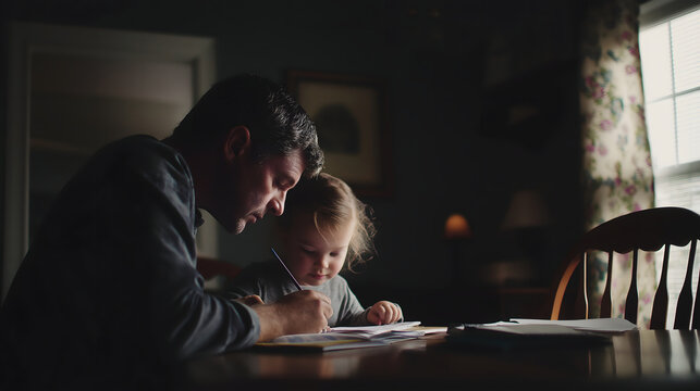 father helping child homework at dining table, business people working together