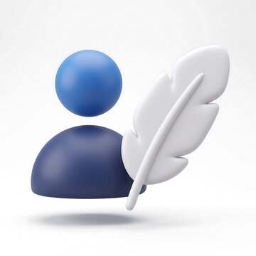 3D user profile icon with white feather quill representing author creation and content writing