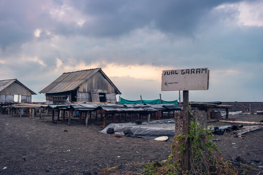 Wooden structures designed to assist salt farmers with the seawater evaporation process&mdash;Kusamba, Klungkung, Bali, Indonesia, August 17, 2026