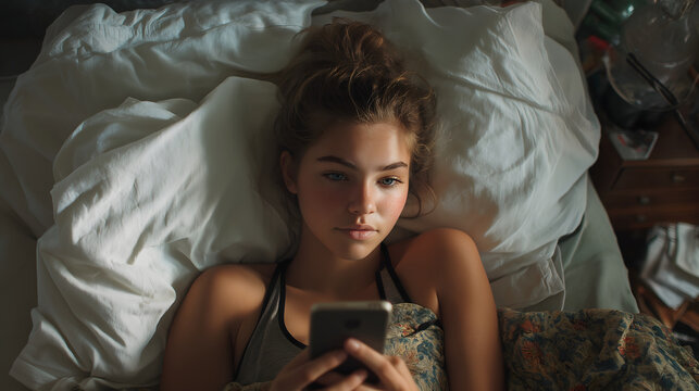 teenager lying on bed scrolling phone