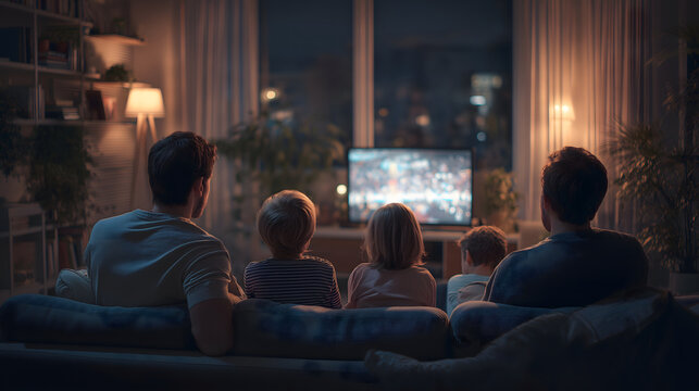 family watching tv evening, people watching tv at night