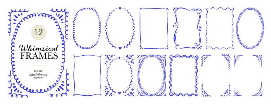 Whimsical blue doodle frames and border collection. Hand drawn vector decorative Italian or mediterranean frames. Cute whimsical decoration. Scallop, squiggly and wavy wedding invitation borders.