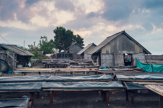 Wooden structures designed to assist salt farmers with the seawater evaporation process&mdash;Kusamba, Klungkung, Bali, Indonesia, August 17, 2026