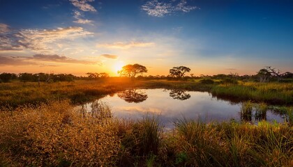Naklejka premium Sunset In Pantanal Wetlands With Pond And Victoria Regia