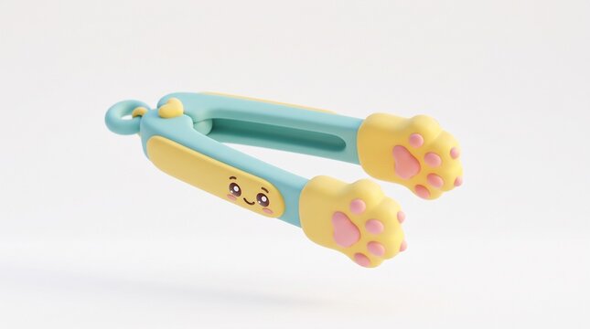 Cute teal tong grabber with cartoon face, yellow tips, playful design, 4K Image 