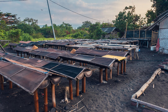 Wooden structures designed to assist salt farmers with the seawater evaporation process&mdash;Kusamba, Klungkung, Bali, Indonesia, August 17, 2026