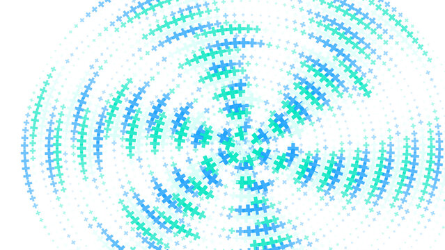 Abstract circular pattern featuring small cyan and light blue plus signs arranged in a swirling vortex formation on a solid black background