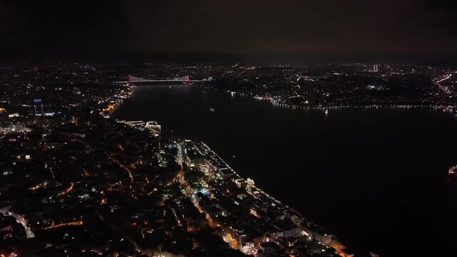 Istanbul Turkey Night Aerial Flight Toward Bosphorus Bridge