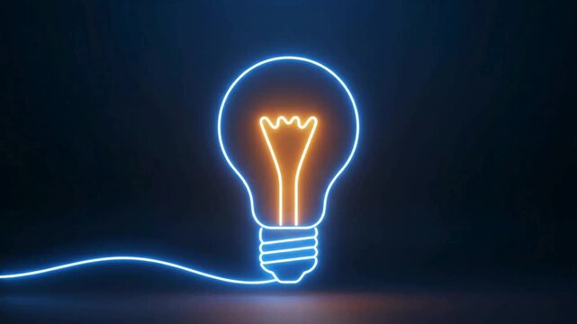 A futuristic neon animation symbolizing an innovative thought emerging from darkness and becoming fully illuminated.