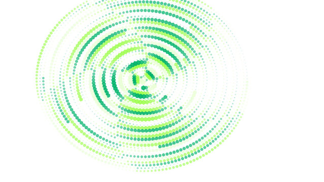 Abstract green circle dot pattern arranged in a circular radial halftone vortex on a solid black background, digital