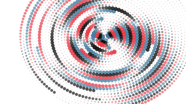 Abstract red and blue circle dot pattern arranged in a circular radial halftone vortex on a solid black background, digital