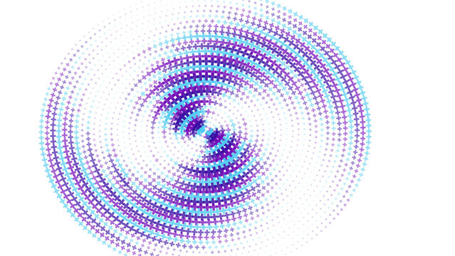 Abstract circular pattern with blue and purple halftone crosses arranged in a swirling vortex shape on a solid black background, for visuals