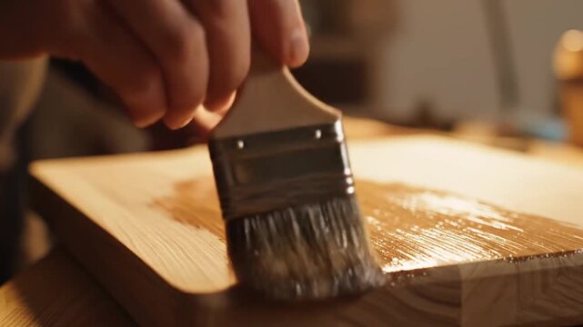 Artisan Applying Wood Stain With A Brush Onto A Wooden Surface In Workshop