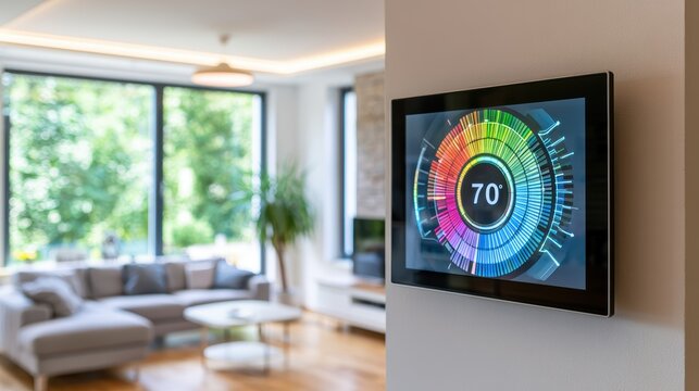 Smart home thermostat control panel on living room wall