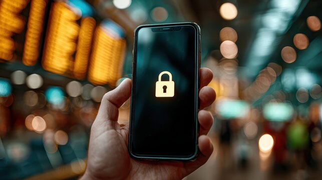 Smartphone displaying cybersecurity lock icon in public place