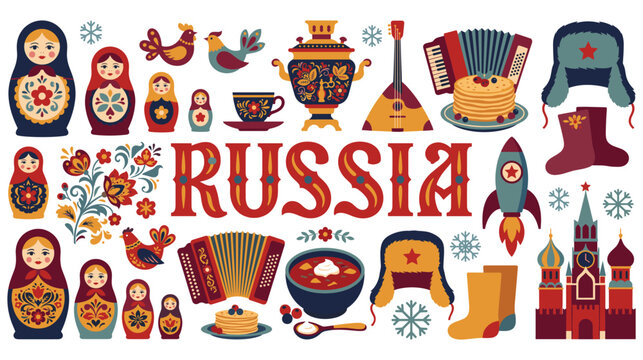 Russian cultural symbols and landmarks, festive holiday elements.