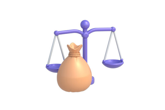 Legal fees and expenses. Bribery and corruption in law. Judicial fine and penalty. Financial crime investigation. Scales of justice beside money bag isolated on white background. 3d render