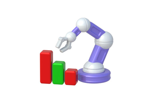 Decreasing performance rates after automation implementation. High tech industry downturn. Robotic system failure. Mechanical arm beside falling bar graph isolated on white background. 3d render