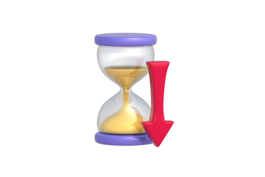 Time reduction. Countdown to deadline. Project schedule delay. Lateness in completing a task. Decrease in work speed. Hourglass beside downward arrow isolated on white background. 3d render