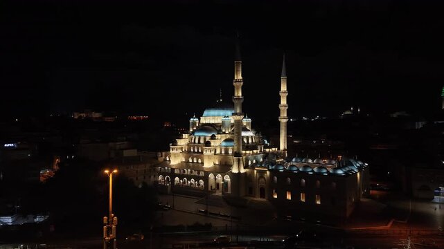 Istanbul Turkey Night Aerial View of New Mosque in Eminonu