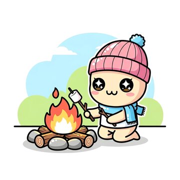 Cute character roasting marshmallow over campfire.