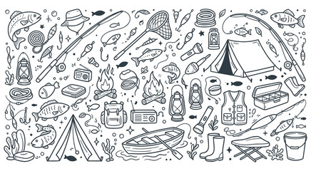 Fototapeta premium Camping and fishing equipment outline set for adventure.