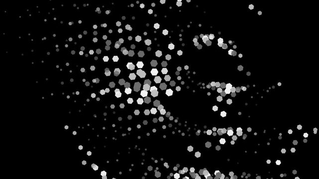 Abstract hexagon particle flow background, digital data stream animation, motion technology concept, monochrome geometric pattern