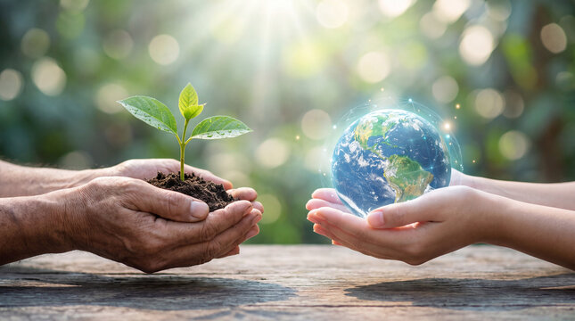 Conceptual image of two hands holding a small green seedling and a glowing digital globe, symbolizing sustainability, global ecology, and environmental care.
