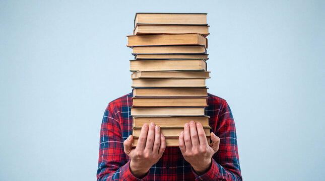 A person wearing a plaid shirt holds a tall stack of vintage hardcover books in front of their face against a light blue studio background.